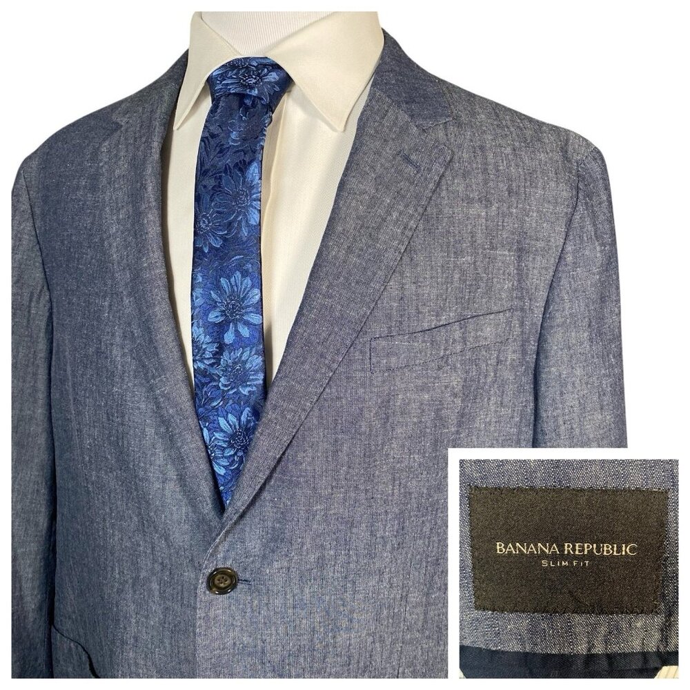 Banana Republic Slim Fit Chambray Blazer 46 48R Working Cuffs Blue Cotton Summer
